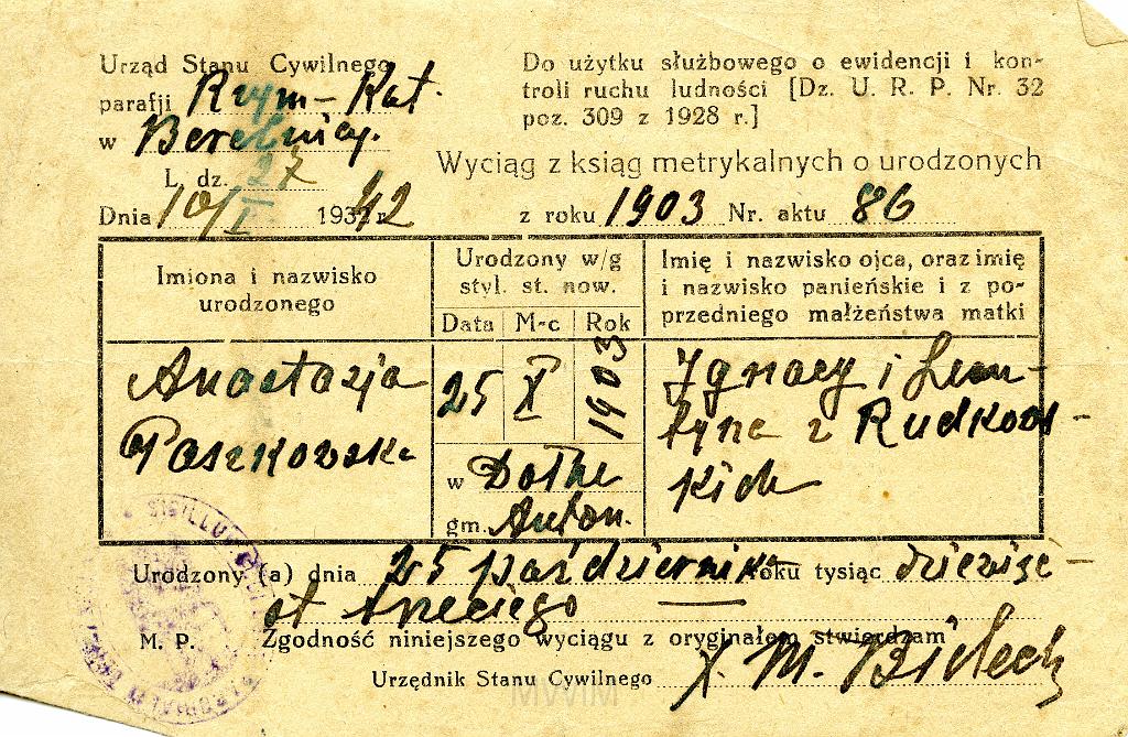KKE 3509.jpg - Wyciąg z Metryki Urodzenia, Anastazji Paszkowskiej, Berżnica, 1942 r.
